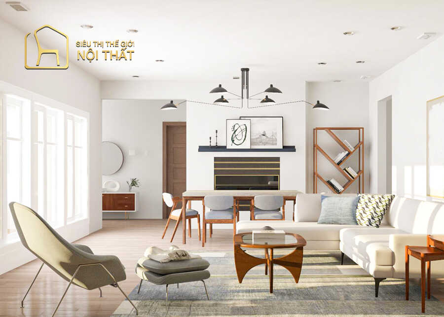 Mẫu thiết kế nội thất phòng khách với bàn ghế kết hợp kệ xếp gọn
