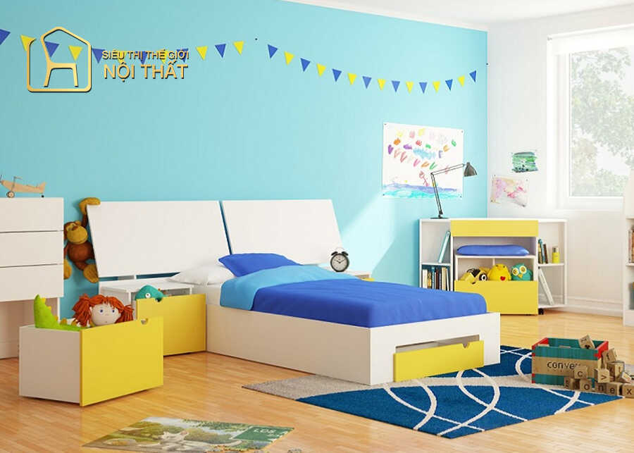 Mẫu thiết kế nội thất phòng ngủ bé trai lấy tone vàng làm chủ đạo, trang trí đáng yêu trên tường