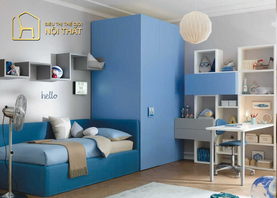 Mẫu phòng ngủ bé trai lắp đặt giường bệt tiết kiệm không gian