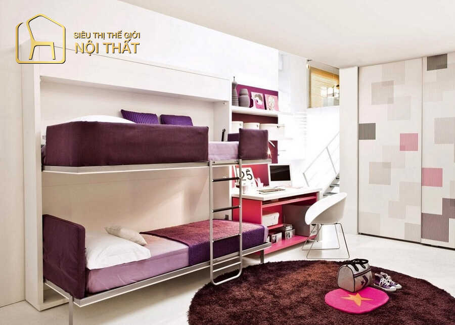Thiết kế nội thất phòng ngủ thông minh với giường ngủ 2 tầng