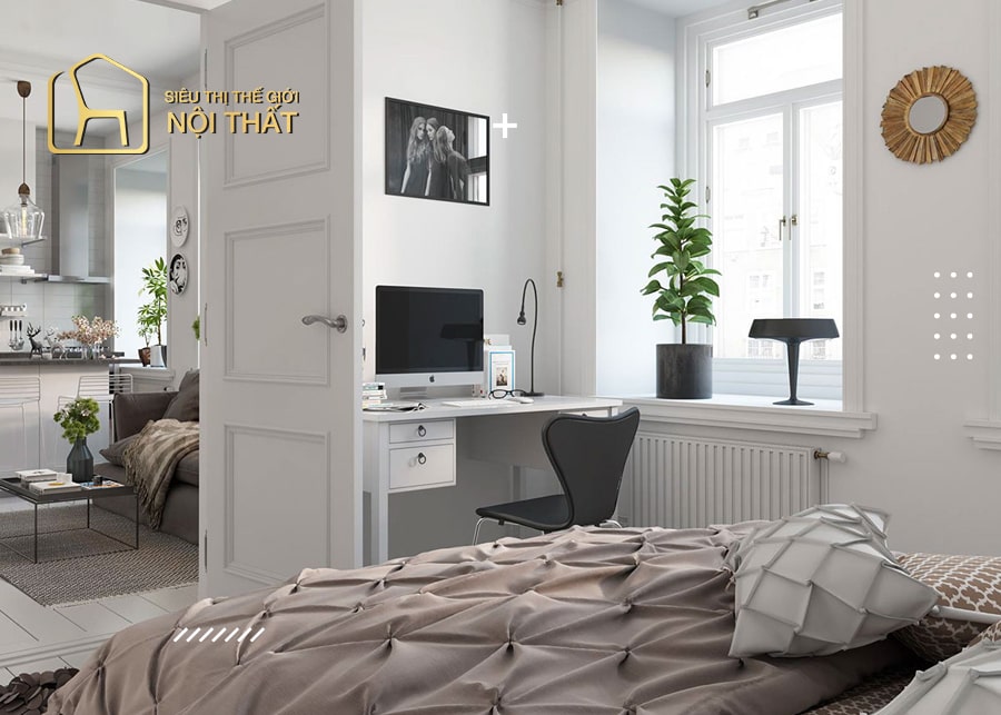 Thiết kế nội thất chung cư 1 phòng ngủ đơn giản cùng với tận dụng ánh sáng tự nhiên mang lại không gian thư giãn, thoáng mát