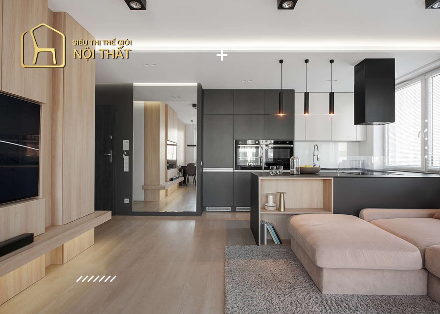 Mẫu thiết kế nội thất chung cư đẹp với chất liệu gỗ có kiểu dáng đơn giản đường nét khoẻ khoắn kết hợp cách bố trí nội thất tiện nghi, hiện đại