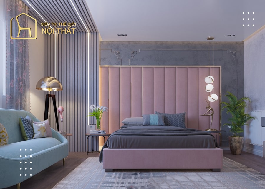 Thiết kế nội thất phòng ngủ nữ gỗ kết hợp với tone màu sáng chủ đạo
