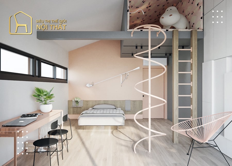 Mẫu thiết kế nội thất phòng ngủ nữ sử dụng tone màu tươi sán