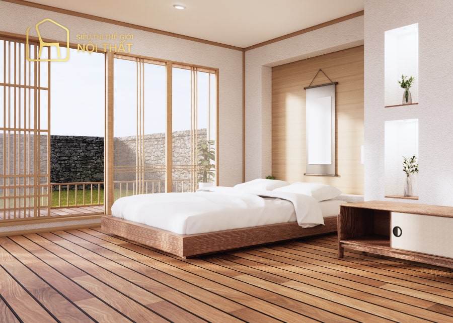 Mẫu nội thất phòng ngủ phong cách Nhật Bản sử dụng chất liệu gỗ hoàn toàn, mang lại không gian ấm áp sang trọng