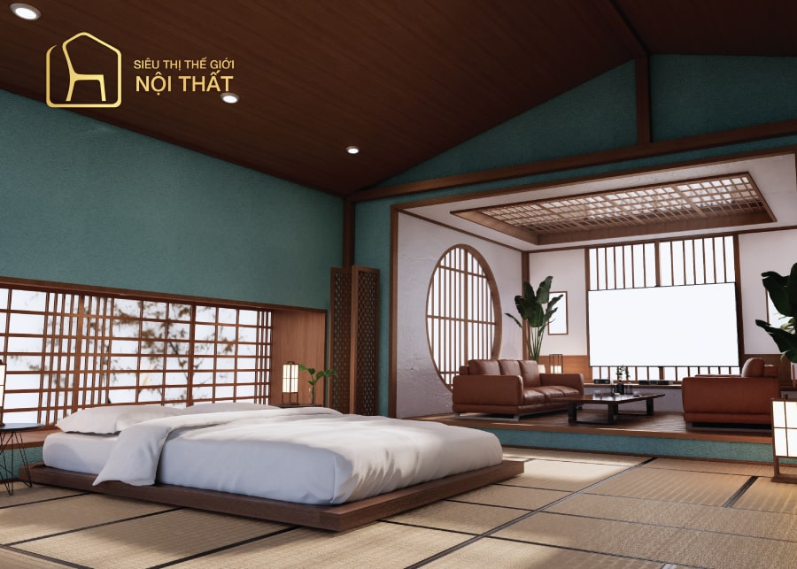 Phòng ngủ nổi bật với các trang trí mang đậm hoạ tiết đặc trưng của Nhật Bản