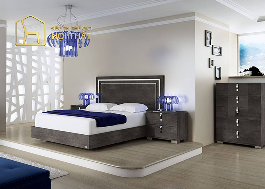 Nội thất phòng ngủ gỗ công nghiệp kết hợp phụ kiện trần nhà, tranh treo tưởng