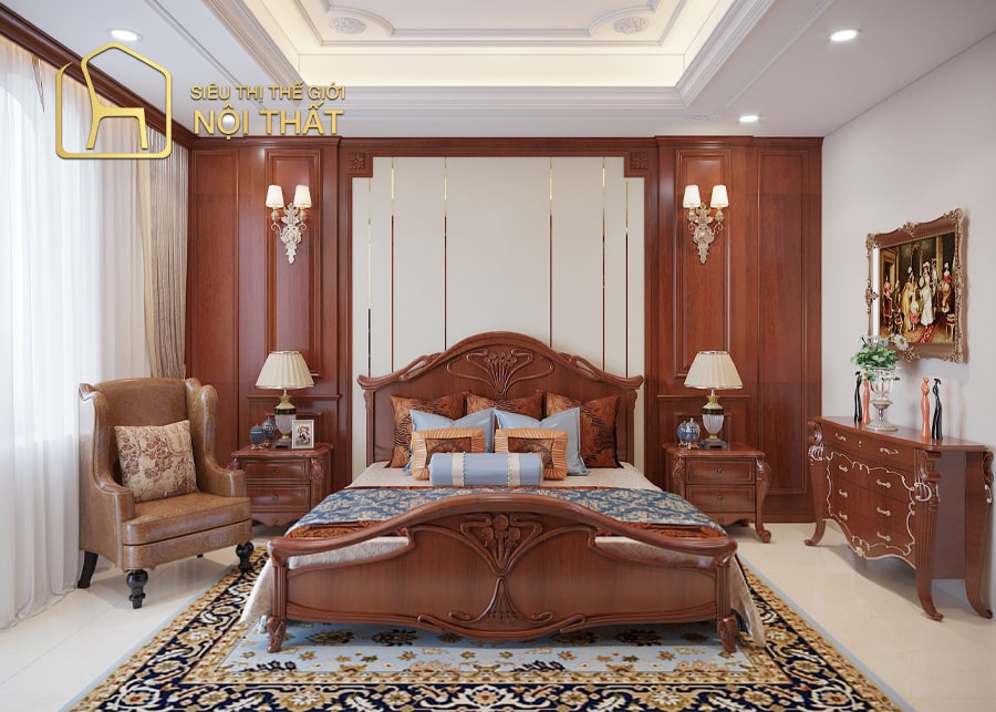 Mẫu thiết kế nội thất phòng ngủ gỗ tự nhiên phong cách tân cổ điển