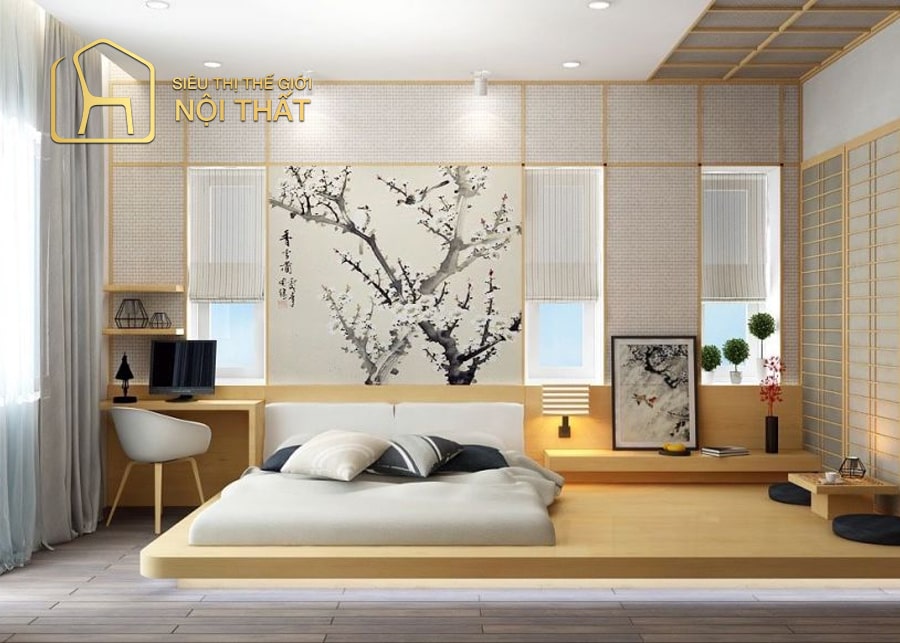 Mẫu thiết kế nội thất phòng ngủ gỗ tự nhiên phong cách Nhật Bản