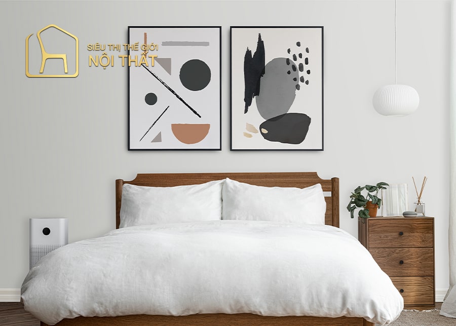 Mẫu thiết kế nội thất phòng ngủ tối giản với tranh ảnh treo tường phong cách trừu tượng