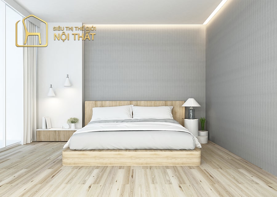 Mẫu thiết kế nội thất phòng ngủ tối giản với họa tiết tường kẻ sọc