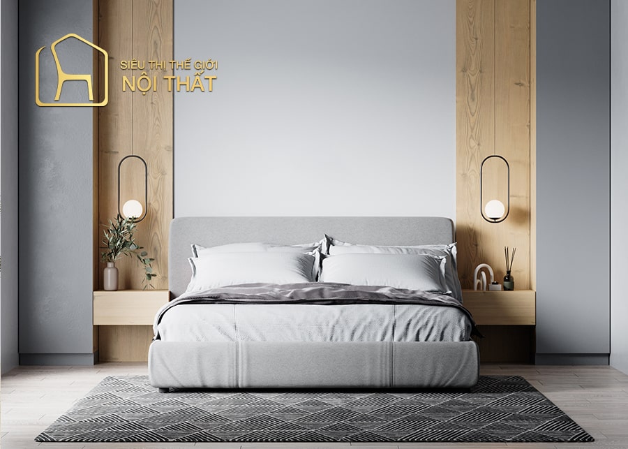 Mẫu thiết kế nội thất phòng ngủ tối giản với tường ốp gỗ