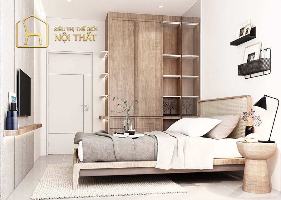 Mẫu thiết kế nội thất phòng ngủ tối giản sử dụng nội thất liền mạch