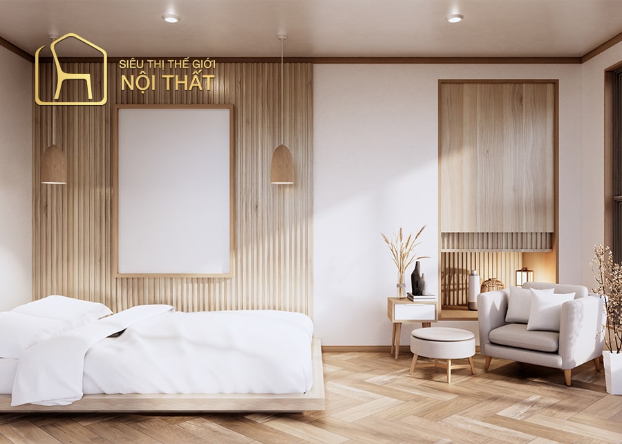 Mẫu thiết kế nội thất phòng ngủ tối giản có điêu khắc gỗ tinh tế