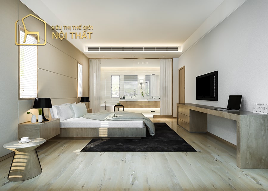 Phòng ngủ tối giản sử dụng thảm trải sàn