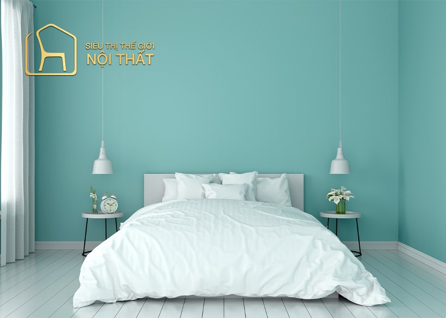 Mẫu thiết kế nội thất phòng ngủ tối giản giản màu trắng phối xanh ngọc tươi mát