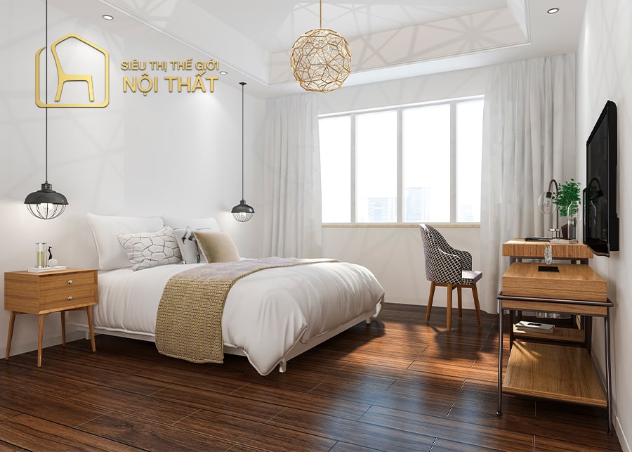 Mẫu thiết kế nội thất phòng ngủ tối giản kết hợp màu vân gỗ