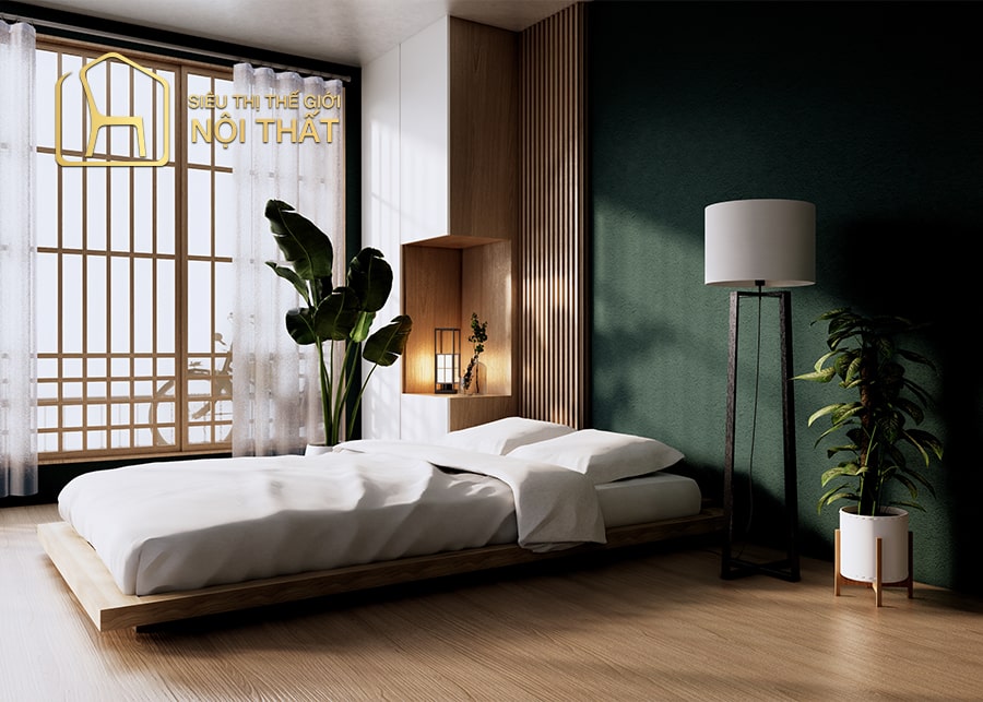 Mẫu thiết kế nội thất phòng ngủ tối giản với gam màu nổi bật