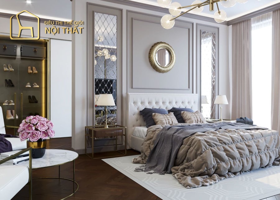 Thiết kế nội thất phòng ngủ tân cổ điển hiện đại với điểm nhấn tranh trang trí treo đầu giường đầy thu hút