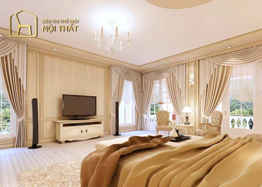 Sử dụng nội thất phòng ngủ tân cổ điển gồm kệ tivi và bàn trang điểm có thiết kế với những đường nét mềm mại uốn lượn tinh tế