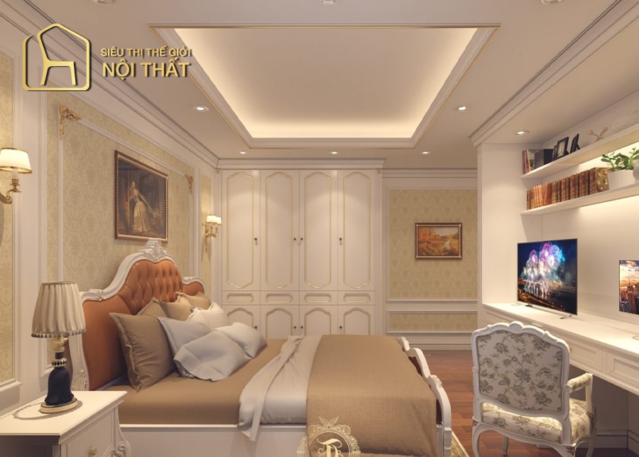 Thiết kế phòng ngủ tân cổ điển sang trọng với nội thất cao cấp kiểu bọc đầu giường