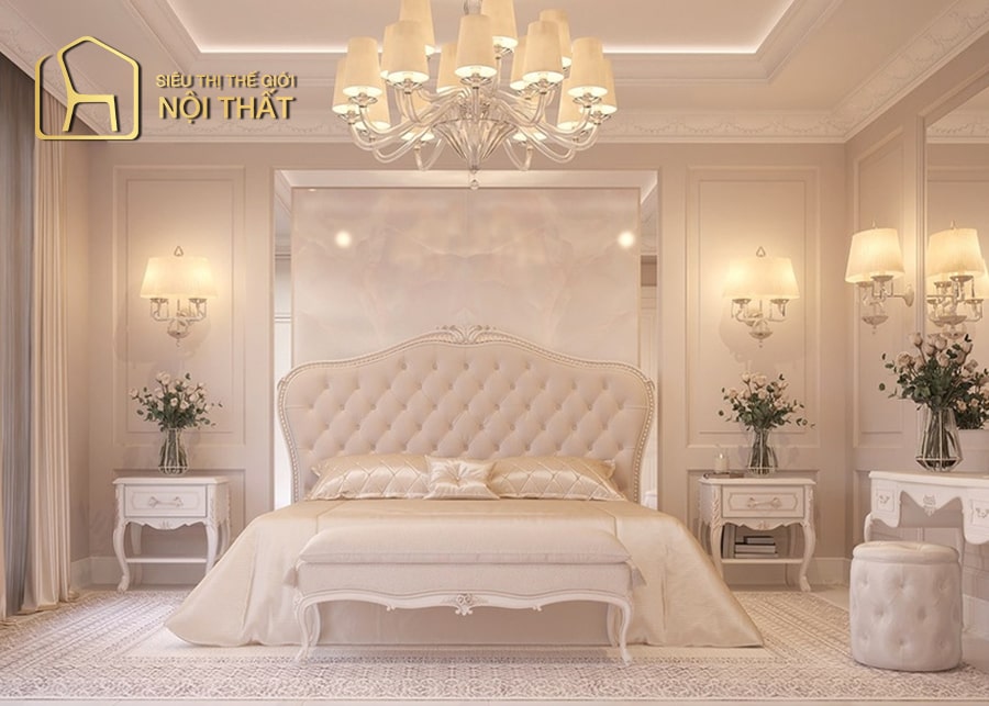 Phòng ngủ tân cổ điển mang hơi hướng kiến trúc Châu Âu với tone màu pastel ngọt ngào với nội thất được thiết kế các đường viền mềm mại tinh tế.