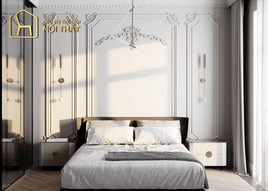 Sử dụng nội thất với những đường nét mạ vàng trong không gian màu trắng chủ đạo là nét đặc trưng trong thiết kế nội thất phòng ngủ tân cổ điển sang trọng