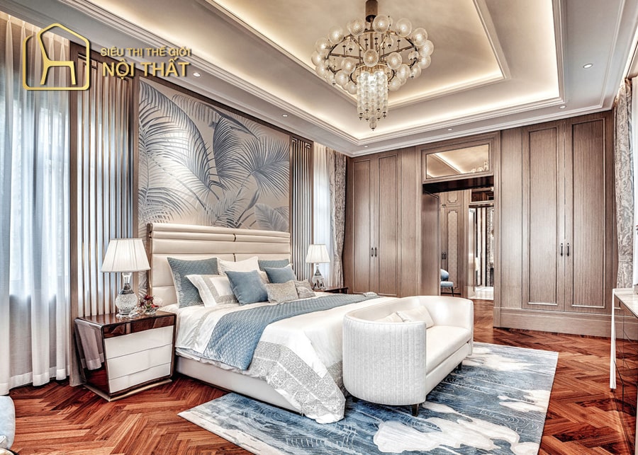 Kiểu phòng ngủ thiết kế theo phong cách tân cổ điển hiện đại khi sử giấy dán tường màu xám với đường phào chỉ màu trắng