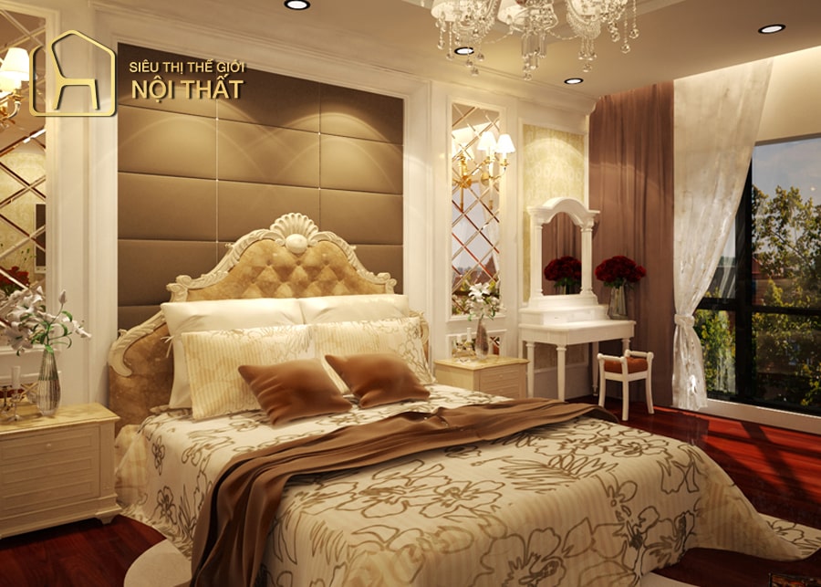 Thiết kế phòng ngủ tân cổ điển với nội thất chất liệu gỗ với các đường nét chạm khắc tinh xảo đem đến không gian vừa hiện đại vừa truyền thống