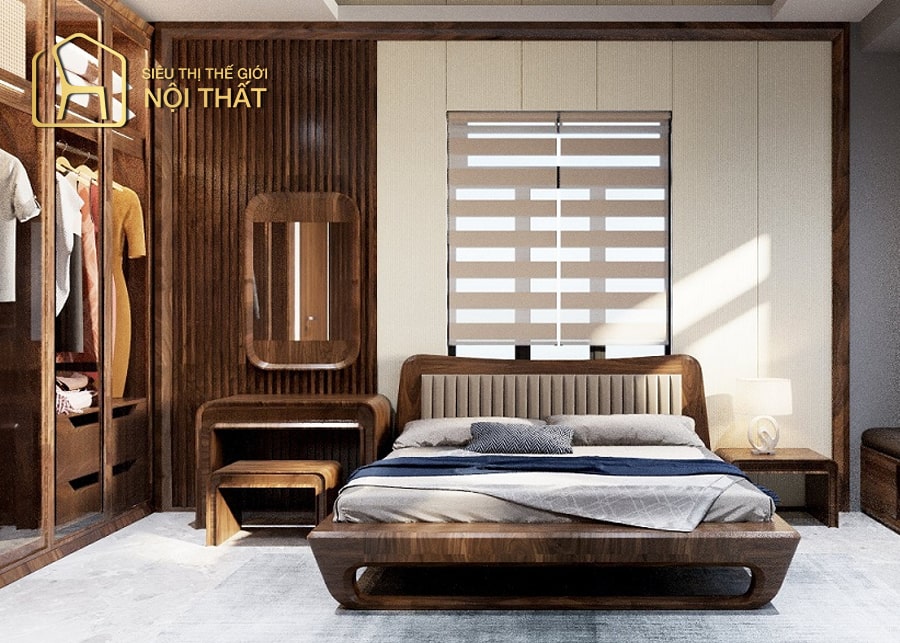 Phòng ngủ tân cổ điển ghi điểm với giường ngủ lớn có thiết kế những đường cong uốn lượn mềm mại có giá trị thẩm mỹ cao