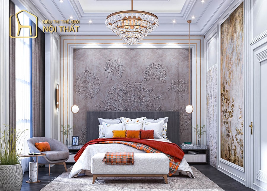 Phòng ngủ tân cổ điển lộng lẫy với cửa số lớn lấy trọn ánh sáng tự nhiên cho căn phòng kết hợp với rèm cửa thiết kế tinh xảo