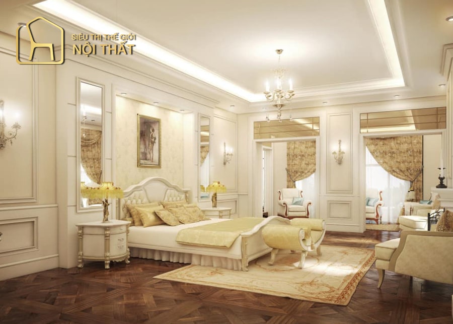 Sử dụng giấy dán tường nền trung tính với điểm nhấn hoa văn cổ điển là xu hướng thiết kế nội thất phòng ngủ tân cổ điển hiện nay