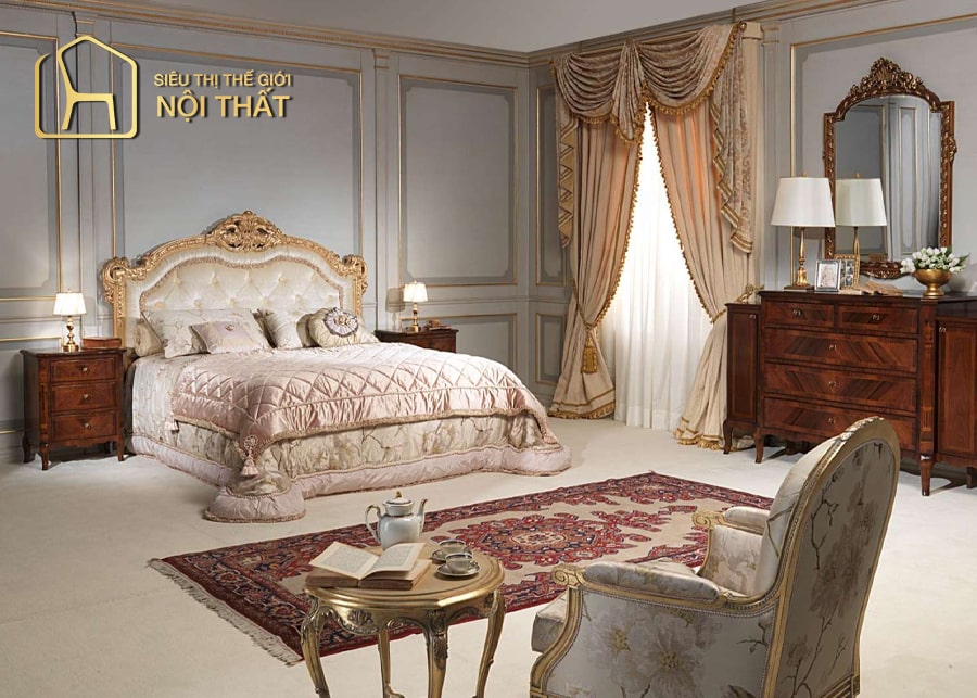 Thiết kế nội thất phòng ngủ tân cổ điển nổi bật với dán tường họa tiết hoa văn nhẹ nhàng