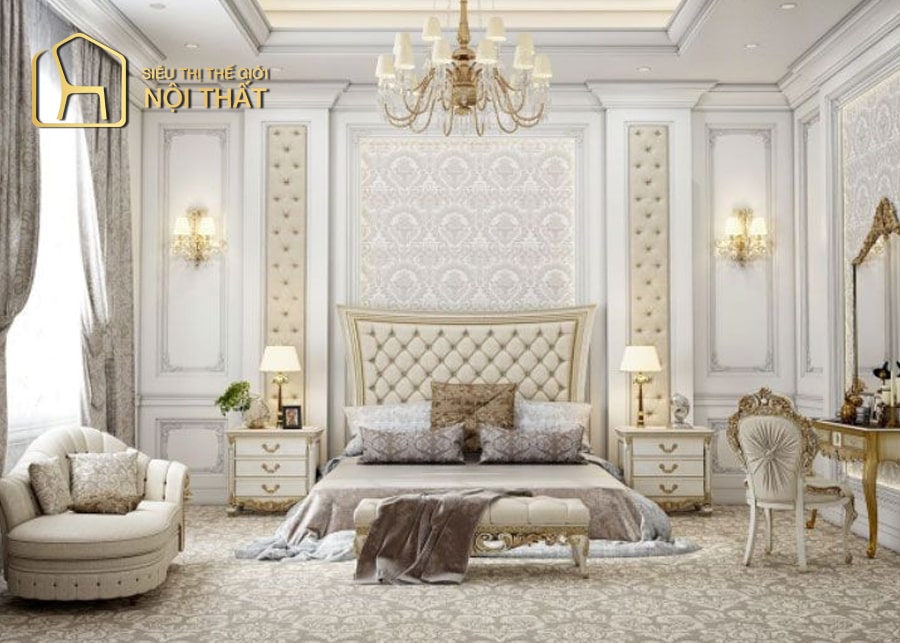 Nội thất phòng ngủ tân cổ điển sử dụng gam màu pastel trang nhã
