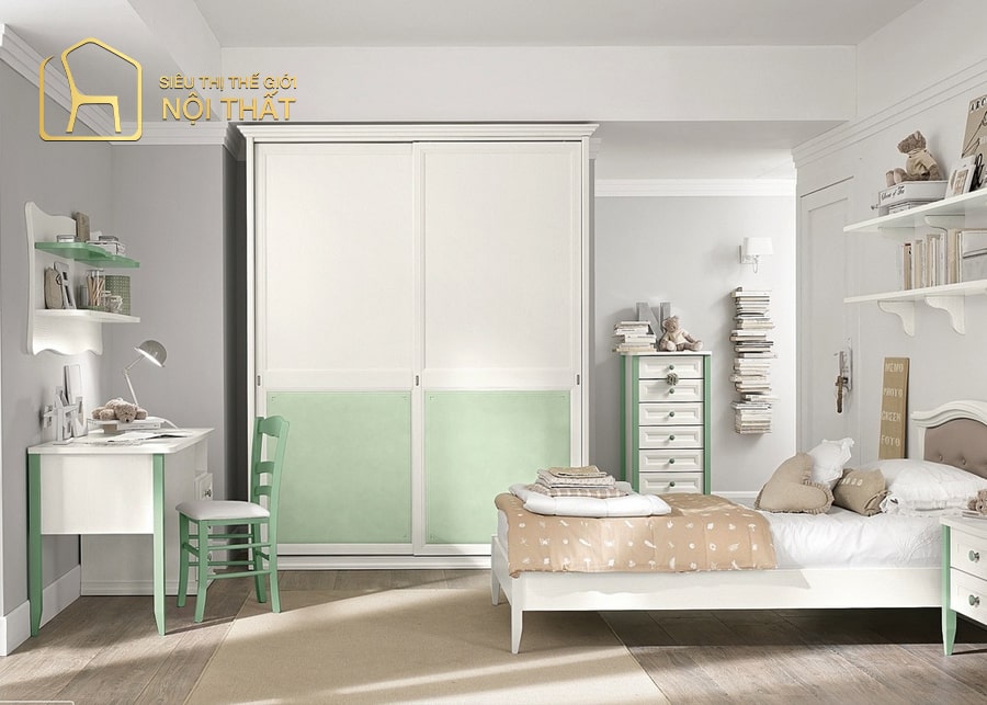 Mẫu thiết kế phòng ngủ cho trẻ em có thiết kế nội thất đơn thất đơn giản kết hợp với cách bố trí khoa học ngăn nắp, sạch sẽ