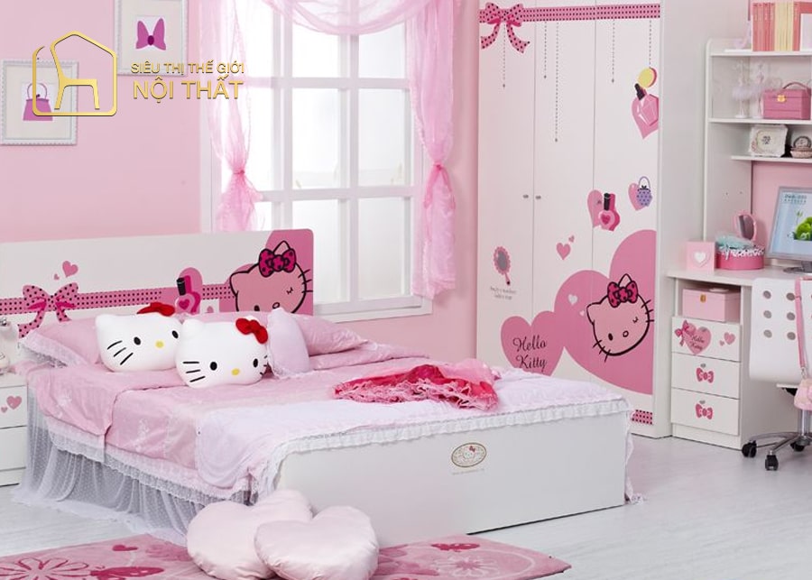 Thiết kế mẫu phòng ngủ trẻ em theo concept Hello Kitty độc đáo được nhiều bé gái thích thú
