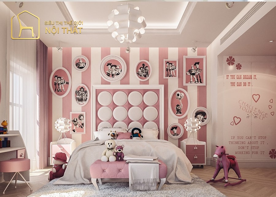 Mẫu nội thất phòng ngủ đáng yêu và nữ tính cho bé gái với các họa tiết trang trí và kệ gắn tường độc đáo