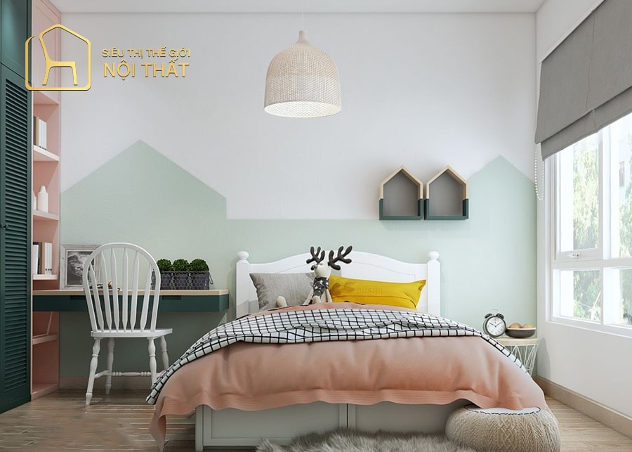 Phòng ngủ trẻ em với những món nội thất trang trí nhỏ nhắn kết hợp với gam màu pastel giúp không gian thêm gọn gàng, ngăn nắp