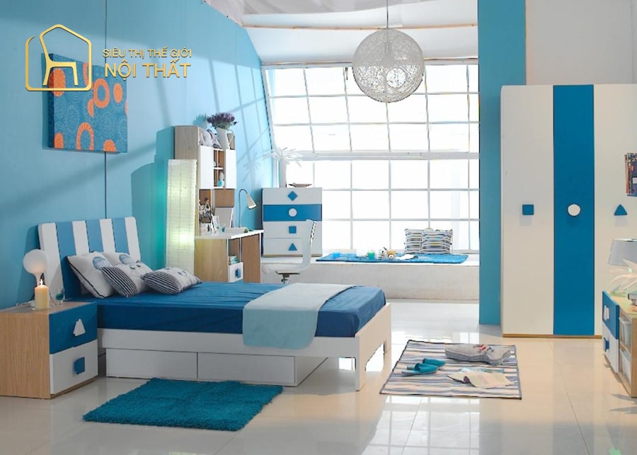 Mẫu nội thất phòng ngủ dành cho trẻ em với gam màu xanh lạnh mát mẻ kết hợp trang trí nhiều hình ảnh động vật
