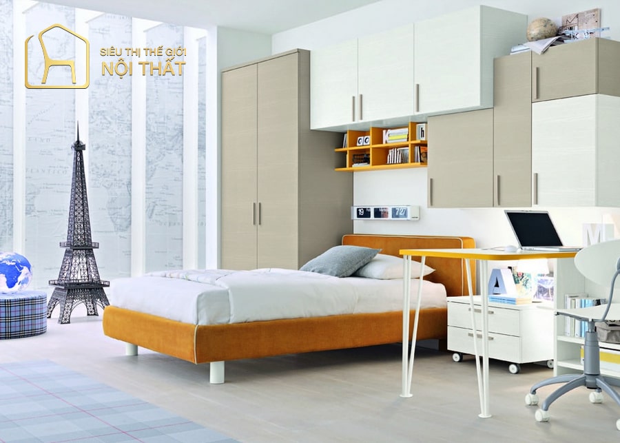 Mẫu thiết kế nội thất phòng ngủ dành cho bé trai theo xu hướng hiện đại với gam màu trung tính