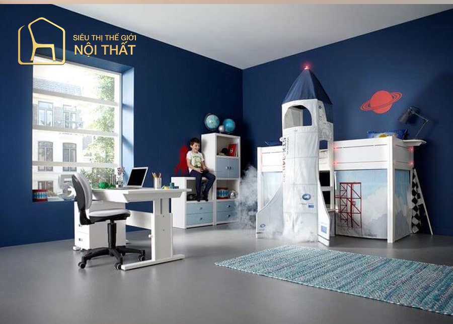 Thiết kế nội thất phòng ngủ cho bé tiện lợi với giường ngủ kết hợp giá sách với không gian vũ trụ