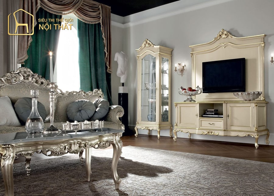 Nội thất phòng khách cổ điển với nền lát đá hoa cương lớn bóng họa tiết ẩn