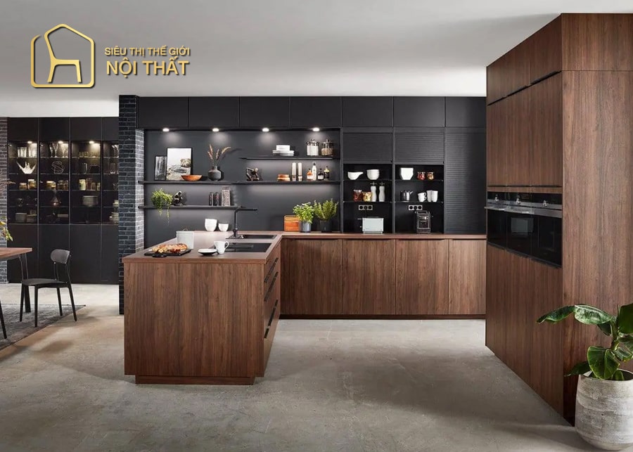 Mẫu thiết kế nội thất nhà bếp hình chữ U với tủ bếp gỗ Acrylic