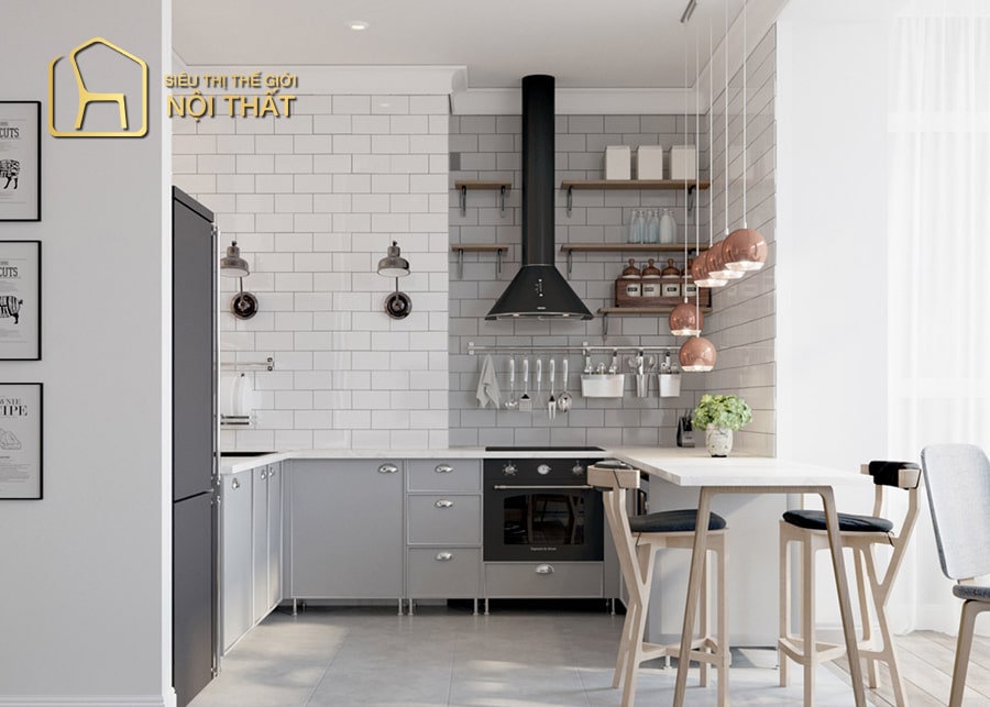 Mẫu thiết kế nội thất nhà bếp hình chữ U với tủ inox