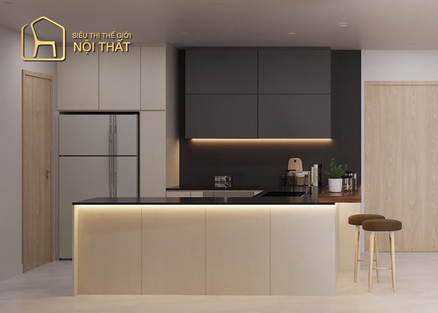 Mẫu thiết kế nội thất nhà bếp hình chữ U tủ gỗ công nghiệp cao cấp