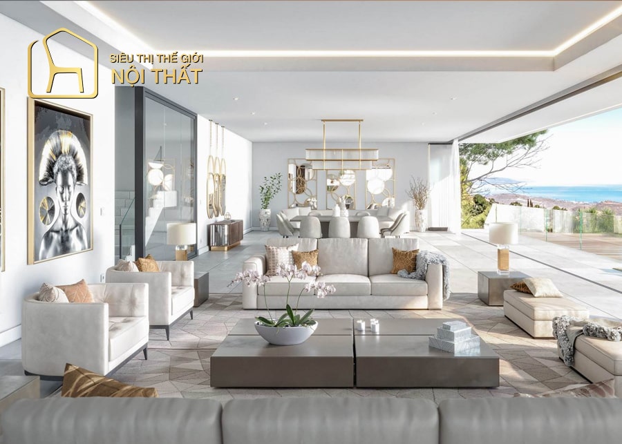 Thiết kế nội thất phòng khách biệt thự hiện đại đơn giản tiện nghi và khéo léo tận dụng ánh sáng tự nhiên để mang lại một không gian thư giãn, thoáng mát