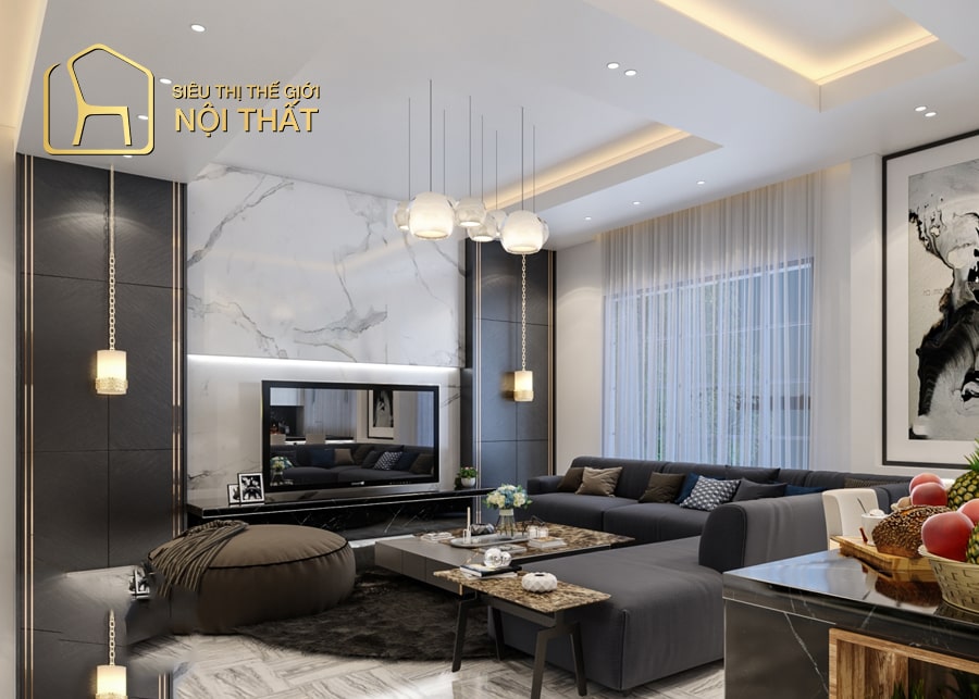 Mẫu nội thất phòng khách đơn giản, nhưng vẫn toát lên vẻ đẹp hiện đại nhờ các điểm nhấn độc đáo mang đến không gian sang trọng