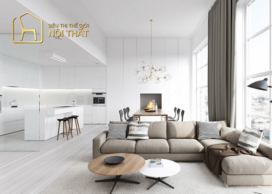 Thiết kế nội thất phòng khách biệt tone sáng chủ đạo