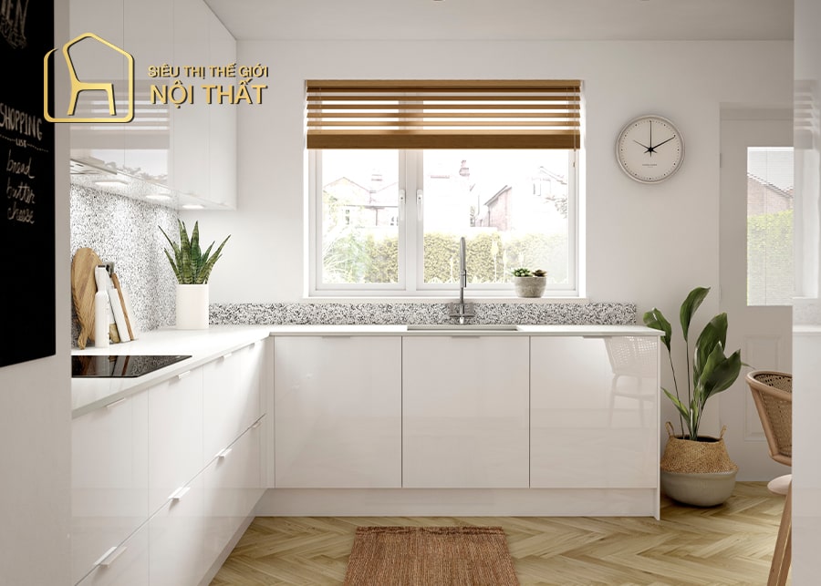 Hệ tủ bếp sử dụng gam màu sáng pastel tạo không gian nấu ăn vừa hiện đại tiện nghi vừa mang lại cảm giác rộng rãi, sang trọng