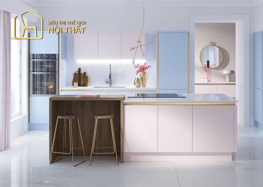 Lối thiết kế phòng bếp nhỏ ấn tượng khi sử dụng đá ốp tường màu trắng độc đáo